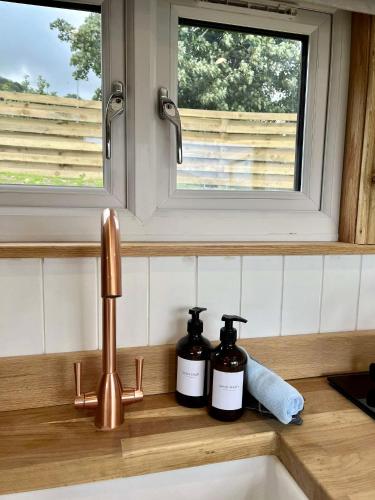 a sink with two bottles of soap and a window at Cwtch Cader Shepherds Hut in Llanelltyd