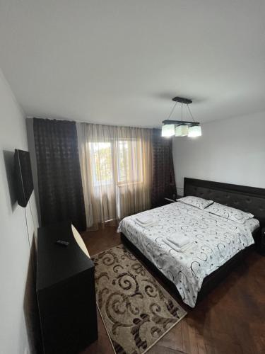 a bedroom with a large bed and a rug at Concept home Valcea in Râmnicu Vâlcea