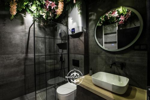 een badkamer met een wastafel, een toilet en een spiegel bij Navigator Apartment in Bijeljina