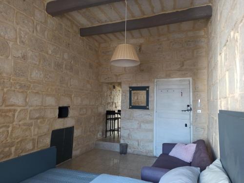 Qormi的住宿－Beautiful 1-Bed Apartment in Hal Qormi，客厅设有石墙