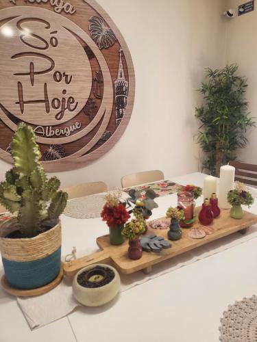 a table with potted plants and candles on it at Albergue Só Por Hoje , Albergue de Peregrinos del Caminho de Santiago in Astorga