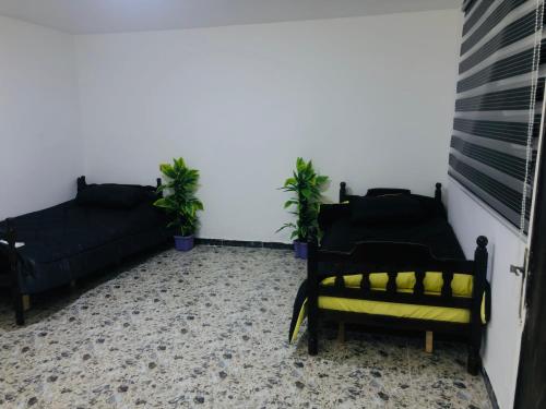 a living room with two black couches and plants at Bahaa in Jerash