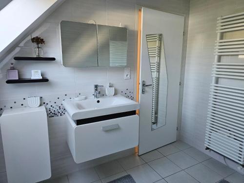 プロムールにあるMaison accès PMR PERSONNE A MOBILITE REDUITE sur Ploemeur proche Lorientの洗面台とシャワー付きの白いバスルーム