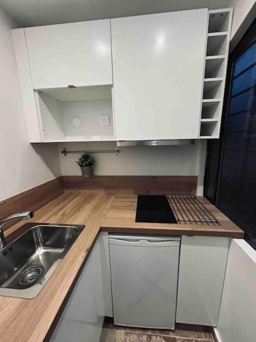 une petite cuisine avec des armoires blanches et un évier dans l'établissement Maison Hanaa, Sauna & Spa, à Pierrefitte-sur-Seine