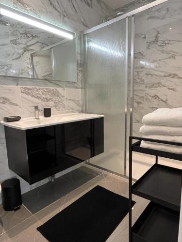 une salle de bain avec un lavabo et une douche dans l'établissement Maison de charme avec jardin, à Carcassonne