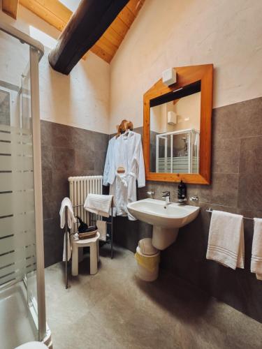a bathroom with a sink and a mirror at Malga Millegrobbe Nordic Resort in Lavarone