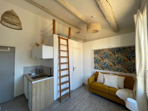 un salon avec une échelle et un canapé dans l'établissement Beau studio au cœur d’Aix et du Cours Mirabeau, à Aix-en-Provence