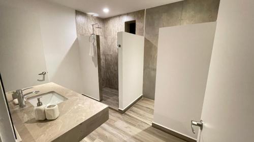 uma casa de banho com um lavatório e um chuveiro em Apartment with the most beautiful landscape em Querétaro