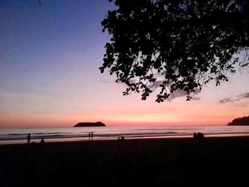 a sunset on a beach with a tree in the foreground at Casa Paraiso Tropical in Parrita