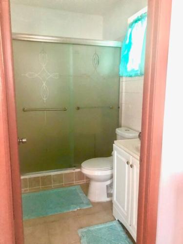 La salle de bains est pourvue de toilettes et d'un mur vert. dans l'établissement Catherine's Retreat, à Nazareth