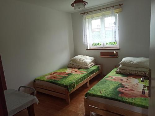 1 Schlafzimmer mit 2 Betten und einem Fenster in der Unterkunft Zielony Domek in Polańczyk