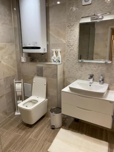a bathroom with a toilet and a sink at G apartment in Plovdiv