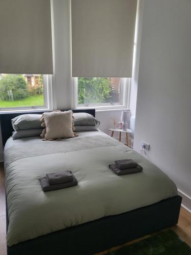 a bedroom with a large bed with two windows at Dawson House in Darlington