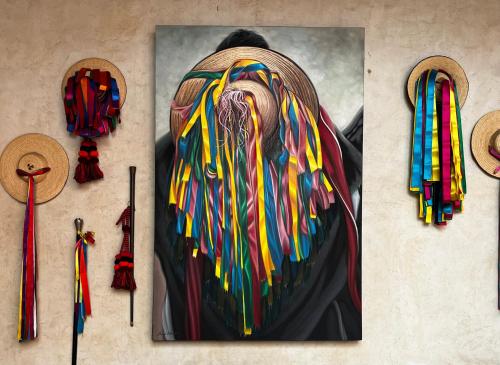 a painting of a woman with colorful scarf and hats at Posada Real de Chiapas in San Cristóbal de Las Casas