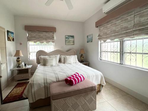 um quarto com uma cama grande com uma cadeira e janelas em ZenBreak Graceville BeachHouse em Saint James