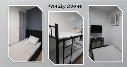 deux photos d'une pièce avec une table et un miroir dans l'établissement SB LODGE TAGUIG, à Manille