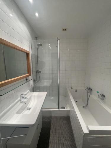 La salle de bains est pourvue d'une baignoire, d'un lavabo et d'une douche. dans l'établissement Appartement Eaux Vives The Happy Place Lake Side, à Genève