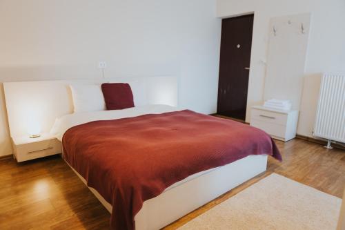 a bedroom with a large bed with a red blanket at Camelia's cozy place in Baia Mare