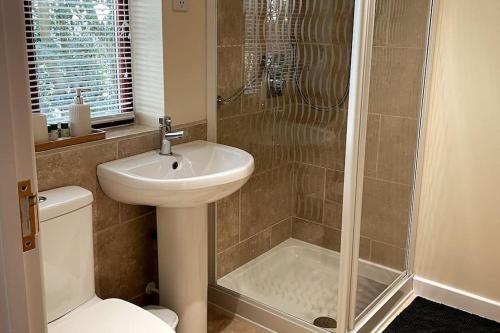 une salle de bain avec douche, lavabo et toilettes dans l'établissement Woodside Cottages - Ash cottage (self-catering), à Uckfield
