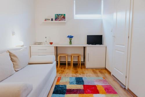 a living room with a couch and a kitchen at Camelia's cozy place in Baia Mare
