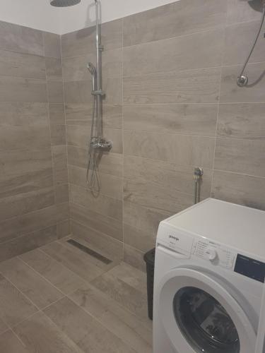 La salle de bains est pourvue d'une douche et d'un lave-linge. dans l'établissement Apartman Maša, à Zadar