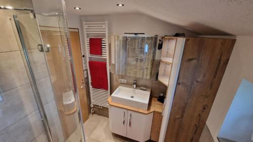 La salle de bains est pourvue d'un lavabo et d'une douche. dans l'établissement s'KLINGI-Haus, à Volders