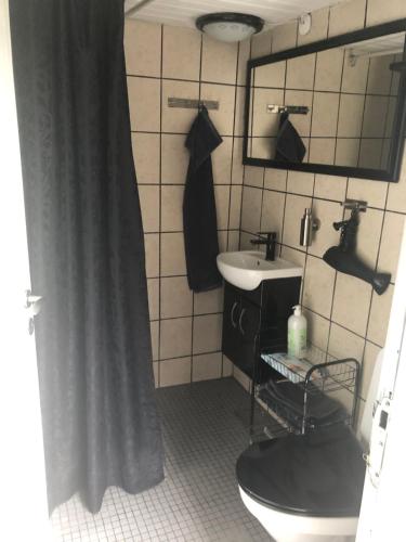 bagno con tenda per la doccia e lavandino di Guesthouse Trabjerg a Vejle