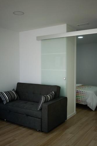 sala de estar con sofá y cama en Apartamento Regina, en Santiago de Compostela