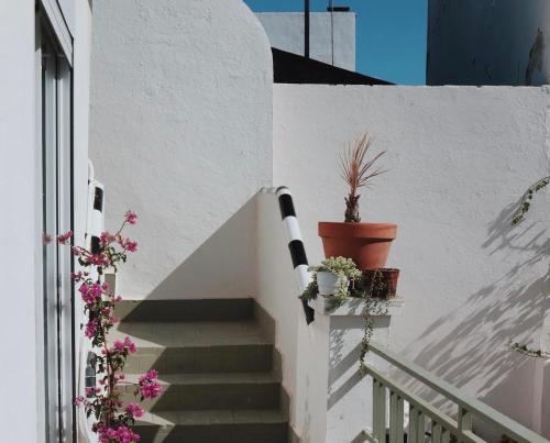 una escalera con una maceta en una pared blanca en Villa con solarium y ducha exterior, en Gelves