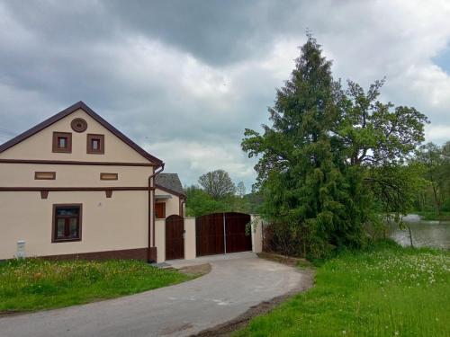a white house with a tree and a driveway at Cosy house for relaxing and sightseeing in Honezovice