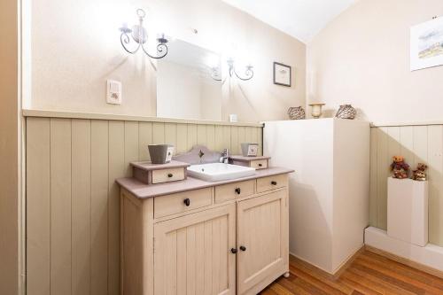 a bathroom with a sink and a mirror at Le Petit Chapitre : Maison de charme in Fosses-La-Ville