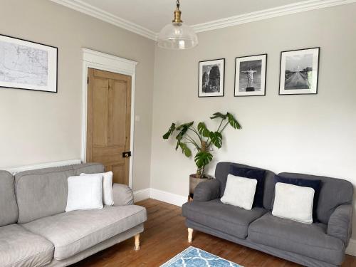 a living room with two couches and a potted plant at The Harborne Home opposite QE hospital & Birmingham university in Birmingham