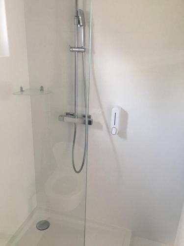 eine Dusche mit Glastür im Bad in der Unterkunft Domek nad Bugiem z sauną 