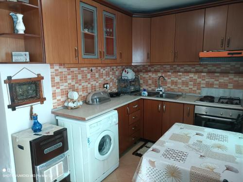 une cuisine avec un lave-linge et un lave-linge dans l'établissement Vila Arbri7, à Pogradec