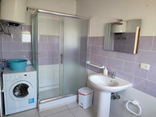 ein Badezimmer mit einem Waschbecken und einer Waschmaschine in der Unterkunft Marina Holidays in Camemi