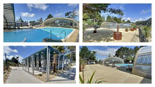 uma colagem de quatro fotos de uma piscina em Cottage Jullouville 56 m² tout confort, 6 personnes, 3 chambres, 2 Salles d'eau em Jullouville-les-Pins