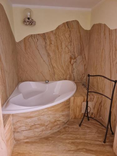 a bath tub in a bathroom with a wooden wall at Traditionshotel Goldener Löwe in Zeulenroda