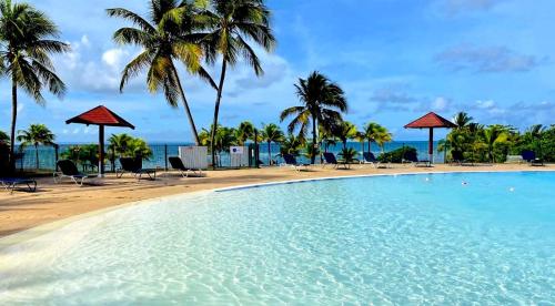 a swimming pool on a beach with palm trees at Vue Exclusive Mer et Volcan, Village Vacances avec Plage et Piscine, Les Gwadastudios in Sainte-Anne