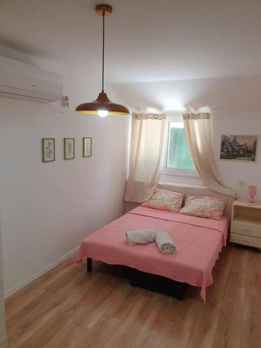 1 dormitorio con cama rosa y ventana en ירוק בגולן, en Katzrin