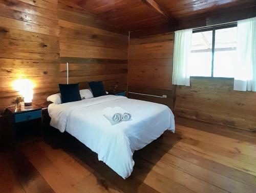a bedroom with a bed with wooden walls and a window at The Temple II, Mindo in Mindo
