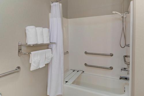 a bathroom with a shower and a bath tub with towels at SpringHill Suites by Marriott Memphis East Galleria in Memphis