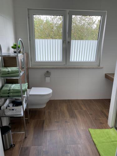 a bathroom with a toilet and two windows at FERIENWOHNUNG AM BERG in Marktgraitz