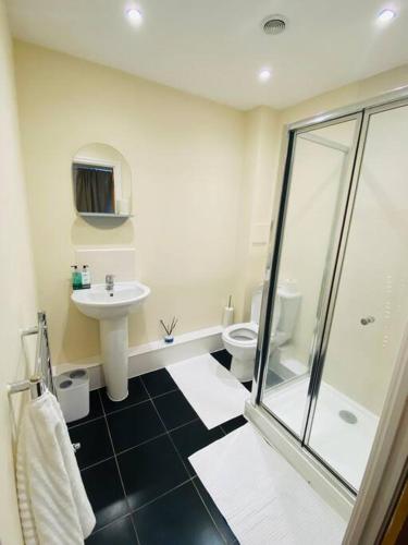 a bathroom with a shower and a sink and a toilet at Beautiful and Modern 2 bedroom flat in Colindale in Colindale