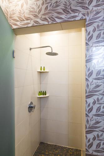 a shower in a bathroom with a ceiling at Theoxenia Kasos Luxury Apartments in Panayía