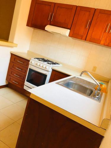 a kitchen with a sink and a stove at VILLAS RIBERA DEL PACIFICO in Ixtapa
