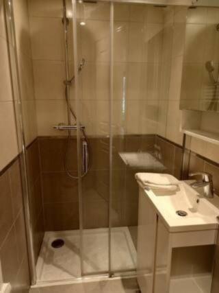 una ducha con una puerta de cristal junto a un lavabo en GITES DE PIERLAS, en Pierlas