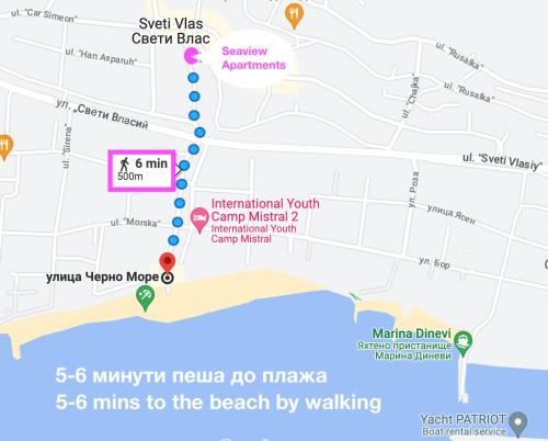 a map of the beach by walking at Central Seaview Apartments for 4 Guests in Sveti Vlas