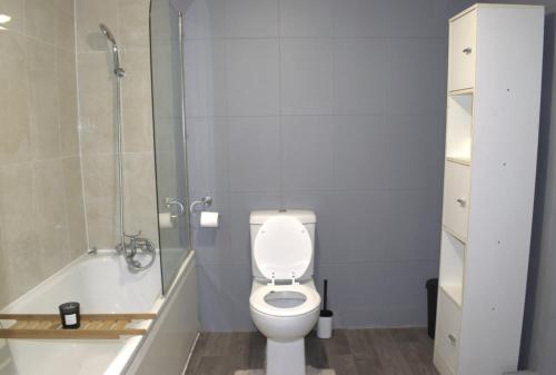 uma casa de banho com um WC, um chuveiro e um lavatório. em Entire 3 Bedroom Home With Garden In London em Edmonton