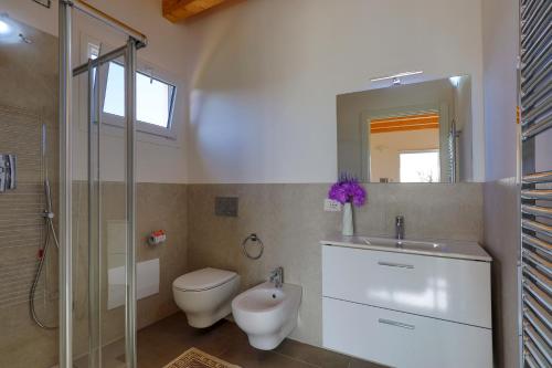 La salle de bains est pourvue de toilettes, d'un lavabo et d'une douche. dans l'établissement Allu ruvezzu 2.0, à Torre Mozza