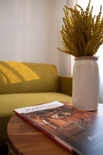 a book on a table next to a vase with a plant at Luxury Federal Hill Home with Rooftop & 4 Parking Spots in Baltimore